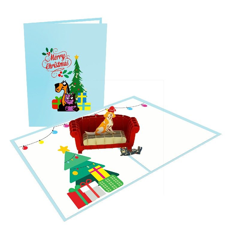 Dog and cat welcome Christmas Card – Christmas 3D Popup Card